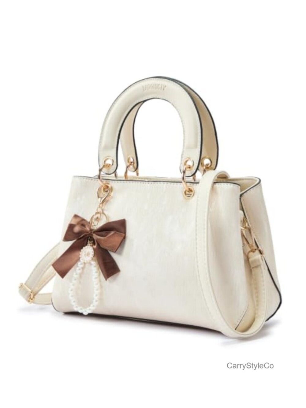 PU Leather Top Handle Handbag Removable Strap Bow Purse